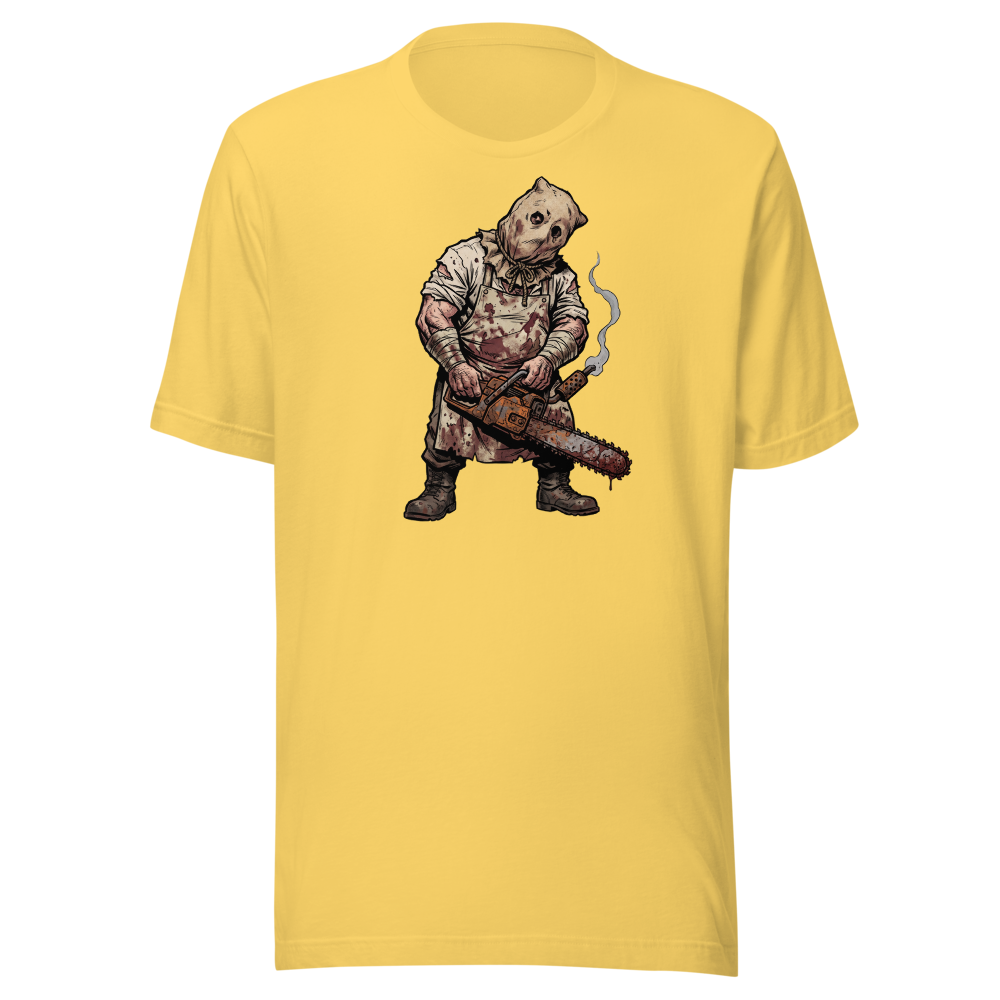 Sack Mask Chainsaw Executioner Horror Tee — yellow front view