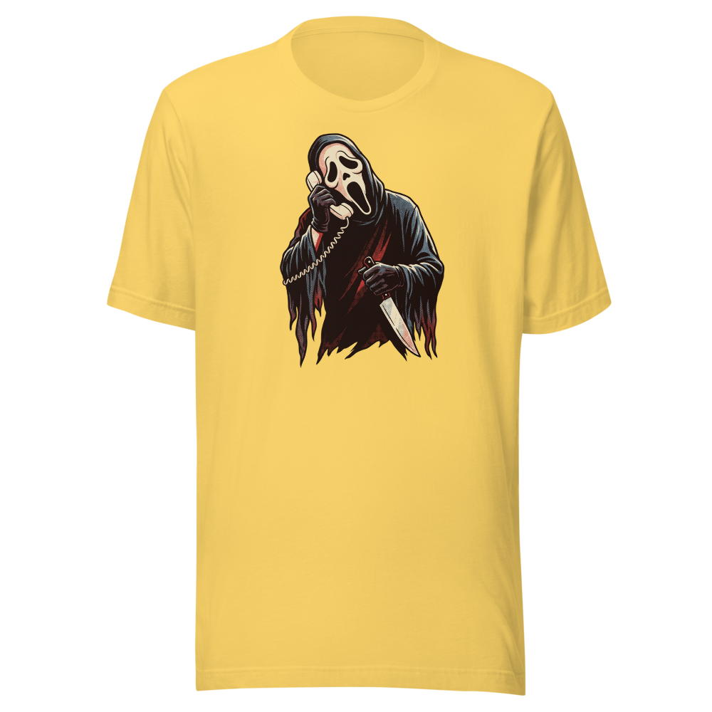 Masked Phone Caller On Hold Halftone Horror Tee — yellow front view