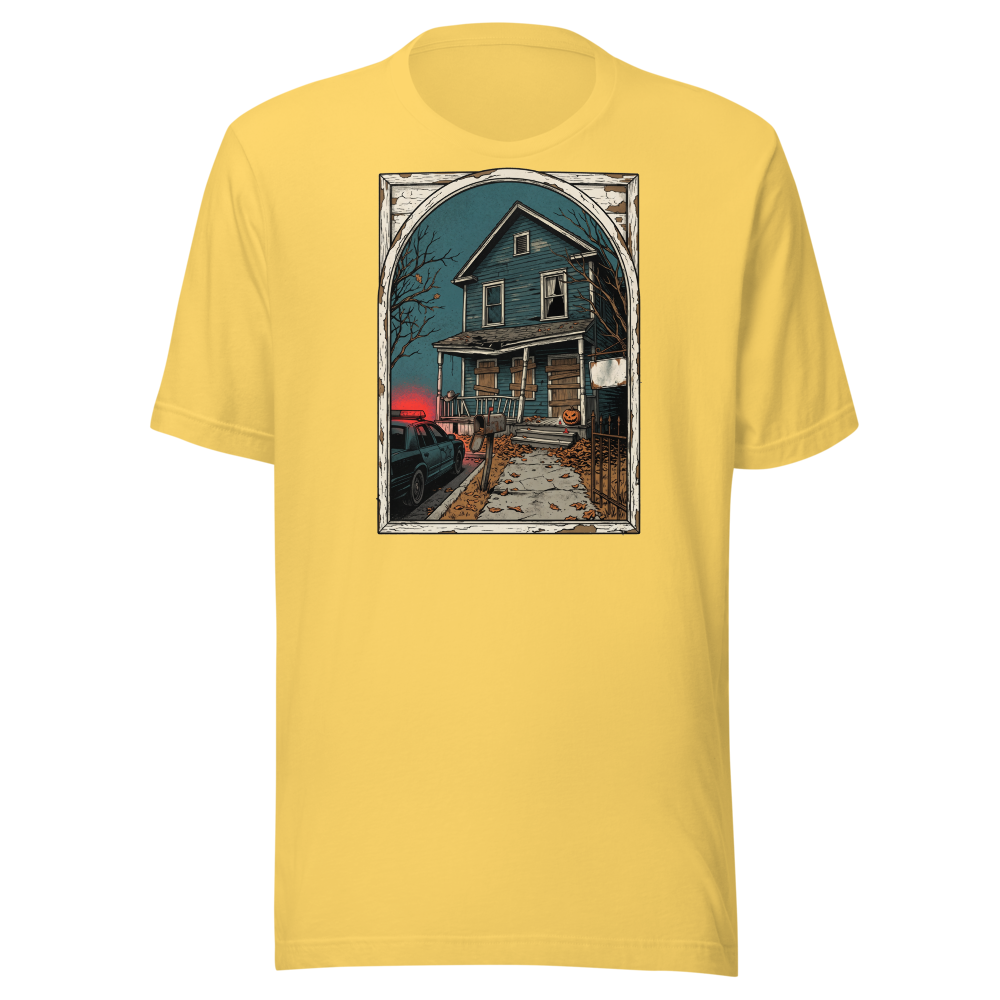 Haunted House Halloween Night Screen Print Horror Tee — Premium Tee — yellow front view