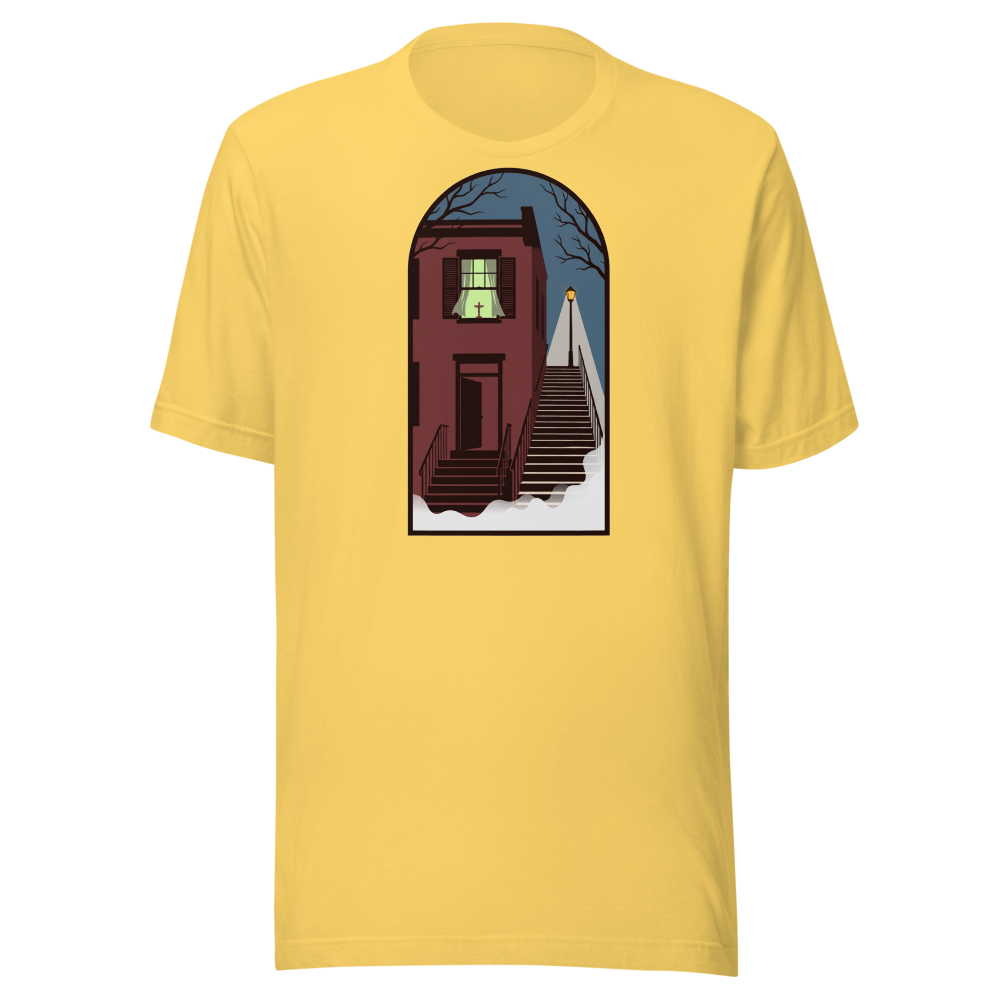 Haunted Row House Stone Stairs Horror Night Tee — Premium Tee — yellow front view