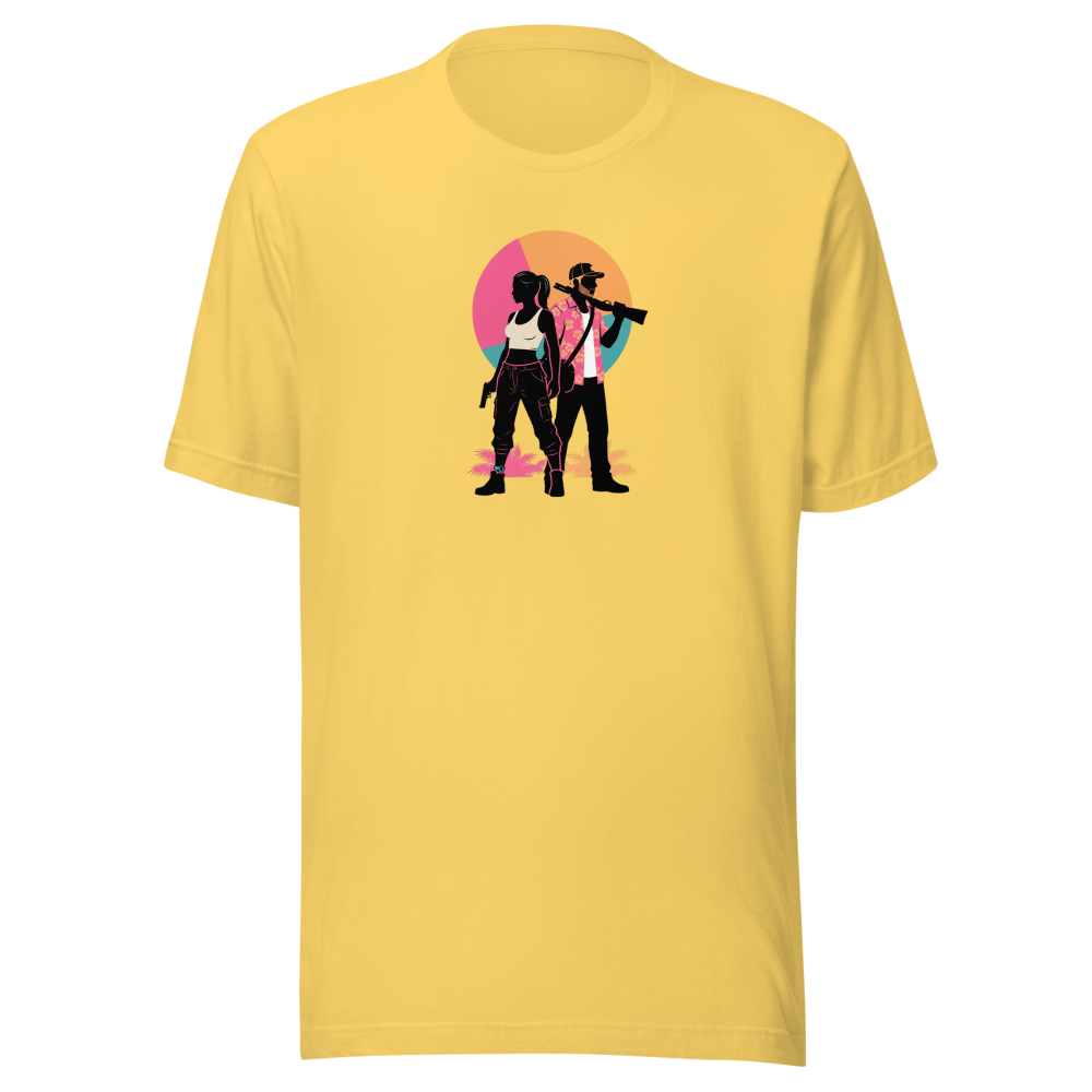 Outlaw Couple Neon Sunset Crime Duo Graphic Tee — yellow front view