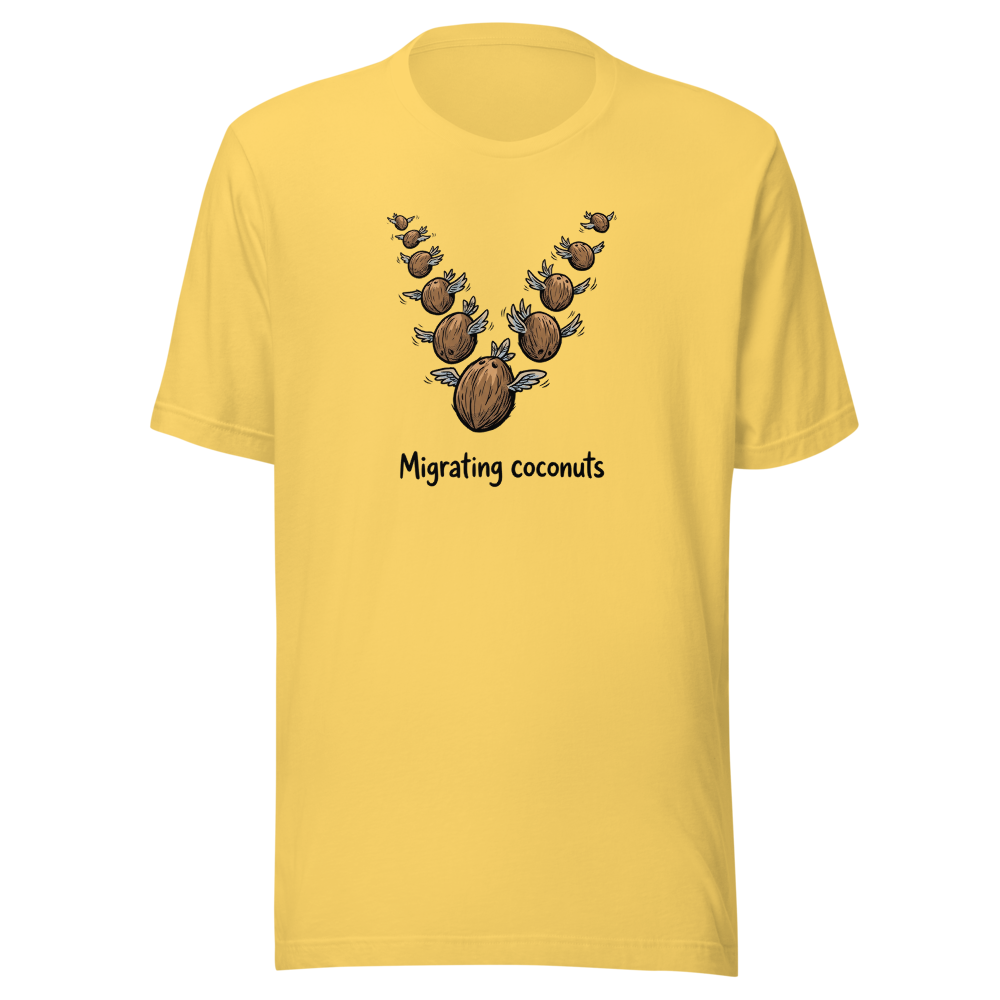 Migrating Coconuts V Formation Absurd Comedy Tee â€” Yellow front view