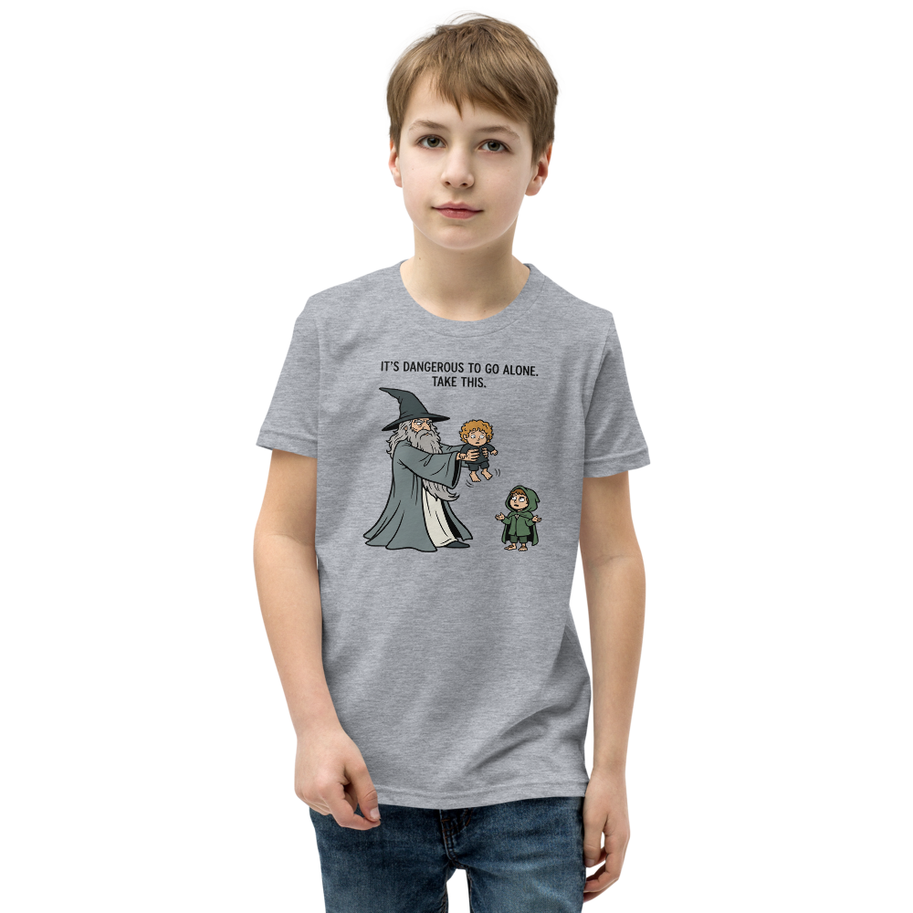 Wizard Hands Off Tiny Hobbit Fantasy Parody Tee — Kids Tee — athletic heather front view