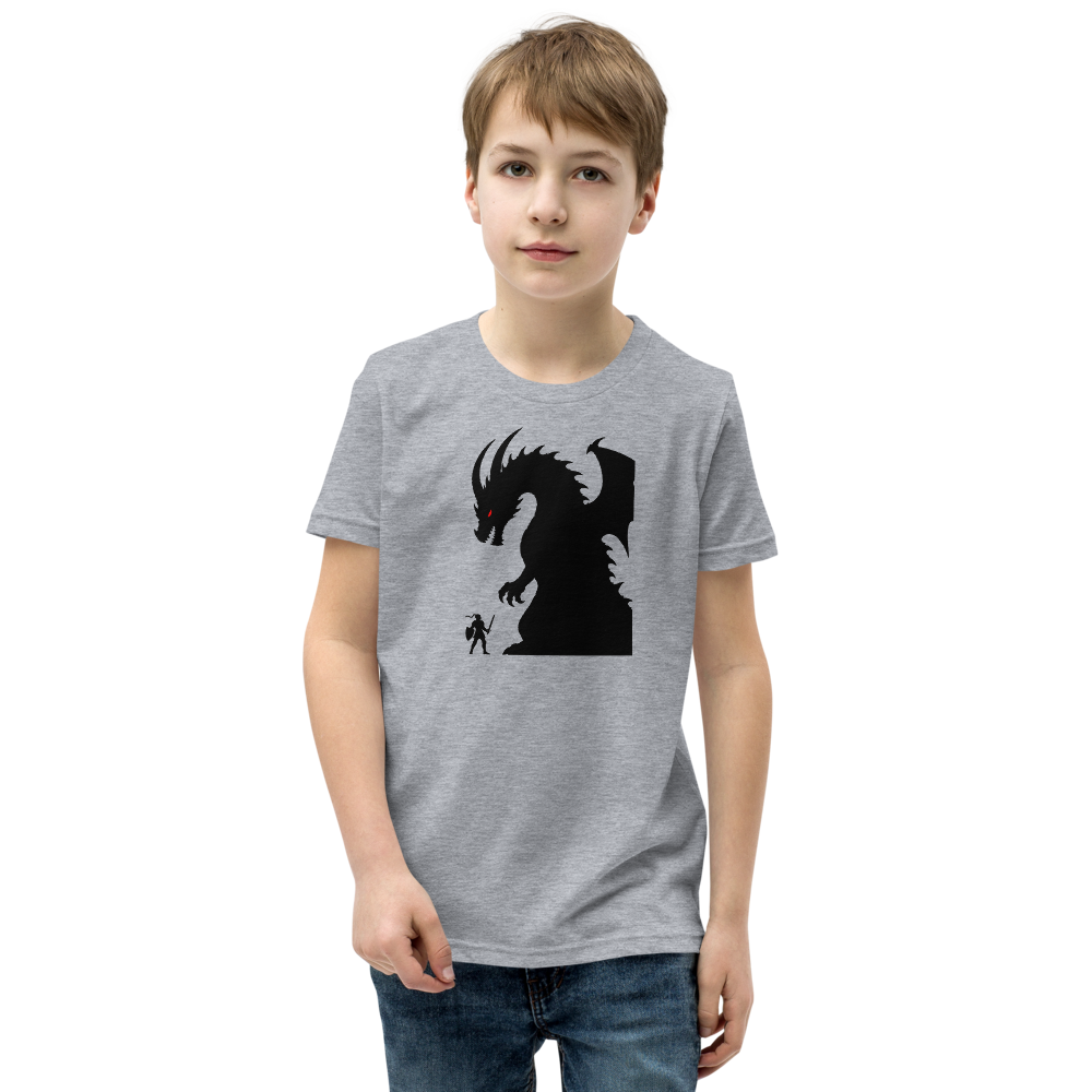 Tiny Hero Giant Boss Silhouette Minimalist Gamer T-Shirt — Kids Tee — athletic heather front view