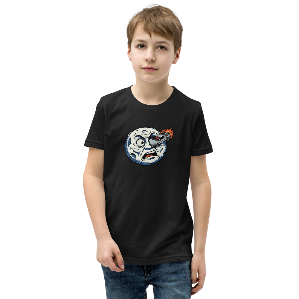Silent Film Moon Crash Time Machine Movie Tee — Kids Tee — black front view