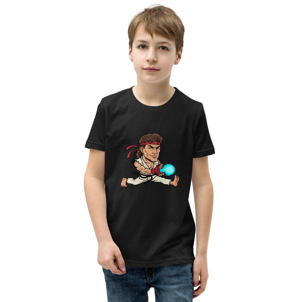 Splits Hadouken Karate Mullet Fighting Game Parody Tee — Kids Tee — black front view