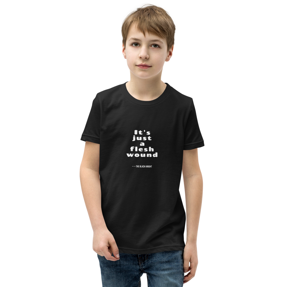 Flesh Wound Cult Comedy Quote Tee — Kids Tee — black front view