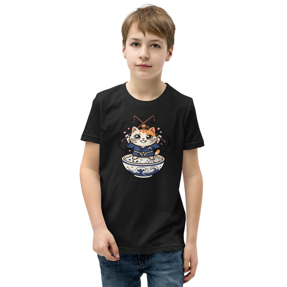 Chibi Ronin Chef Cat Chopstick Katana Anime Tee — black front view
