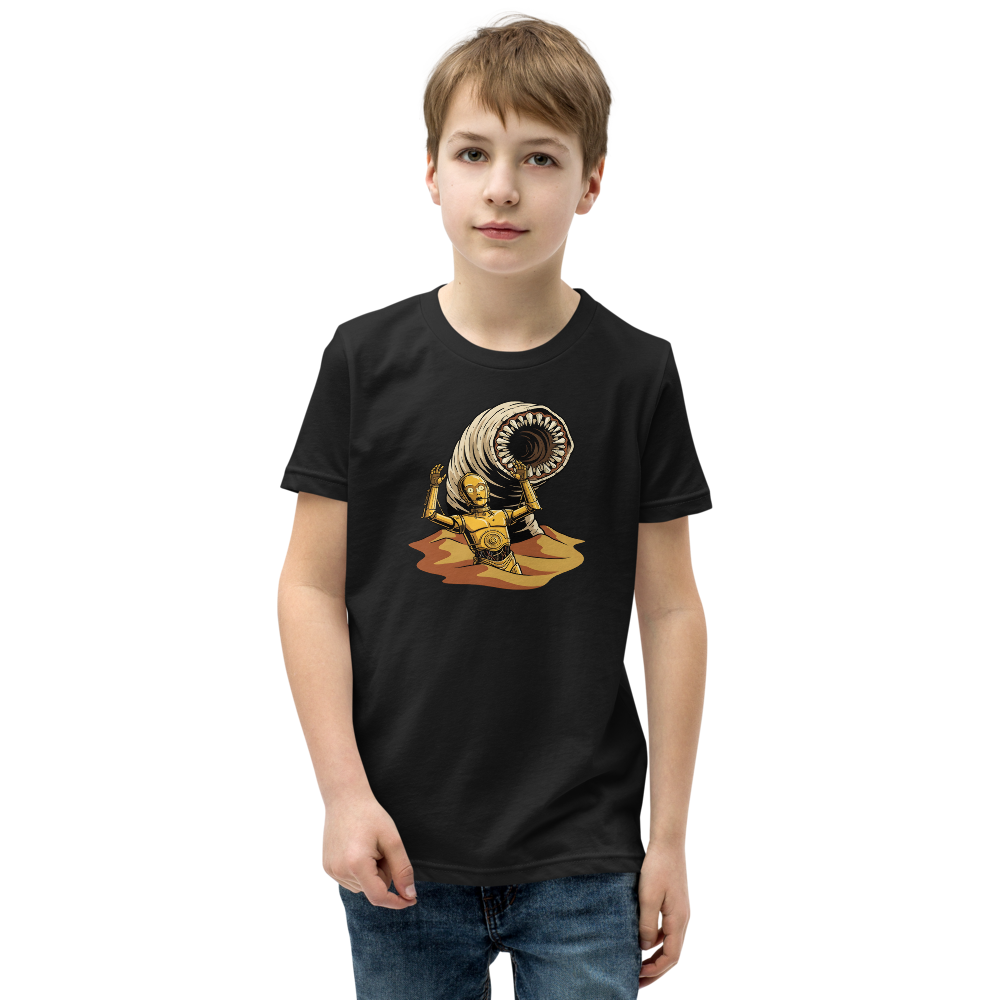 Golden Protocol Droid Desert Worm Peril Comic Tee â€” Black front view