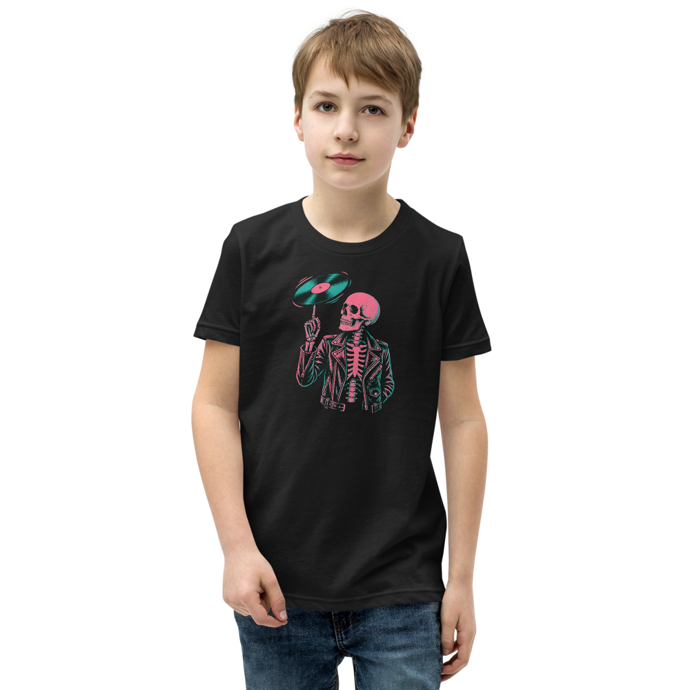 Riso Skeleton Vinyl Spin Gig Poster Punk Rock Tee — black front view