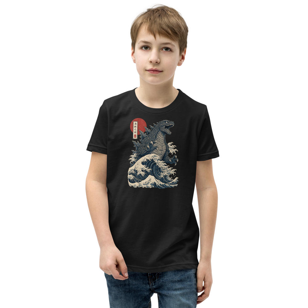 Sea Monster Great Wave Woodblock Print Tee — black front view