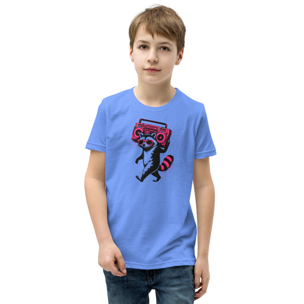 Stencil Raccoon With Boombox Street Art Tee — heather columbia blue front view