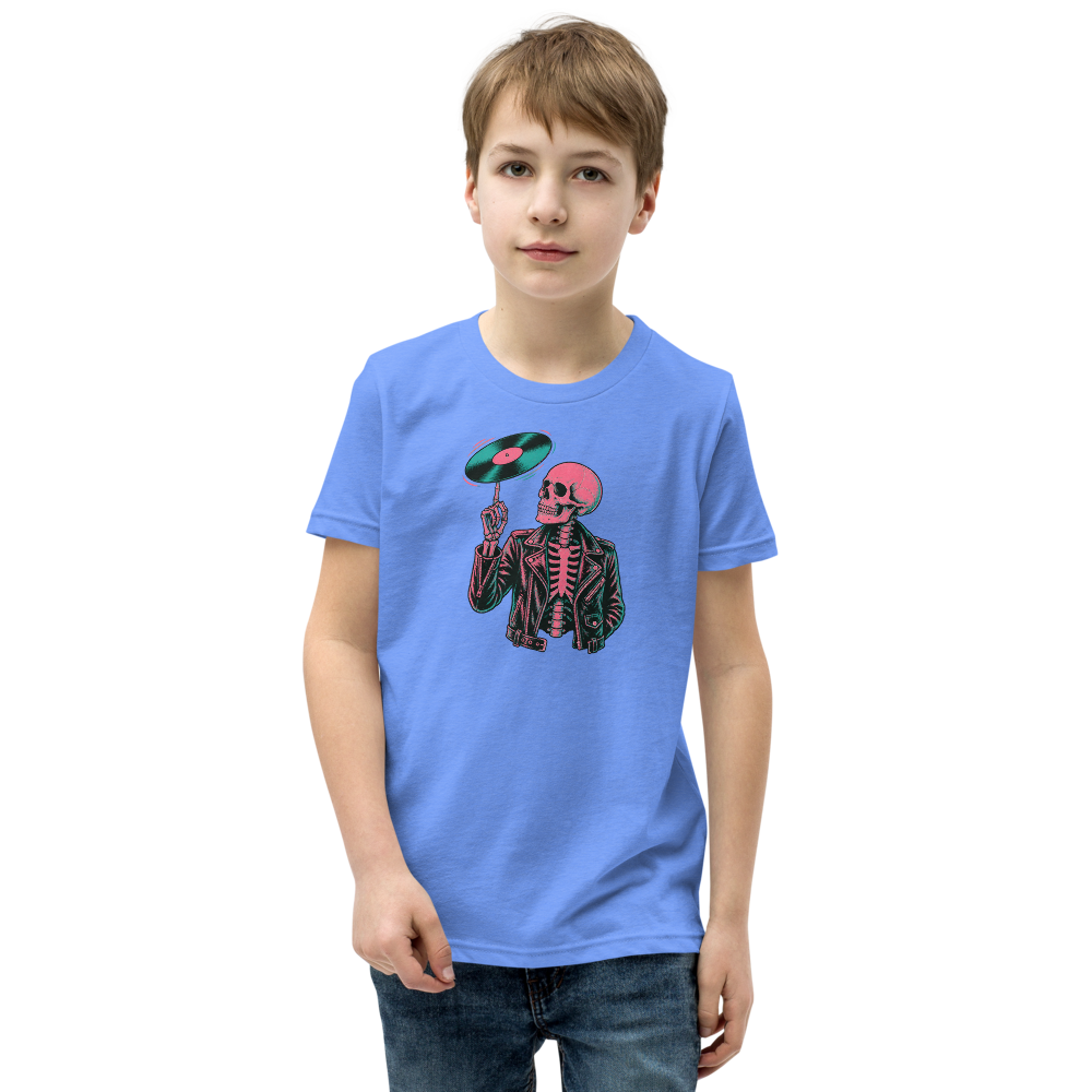 Riso Skeleton Vinyl Spin Gig Poster Punk Rock Tee — heather columbia blue front view