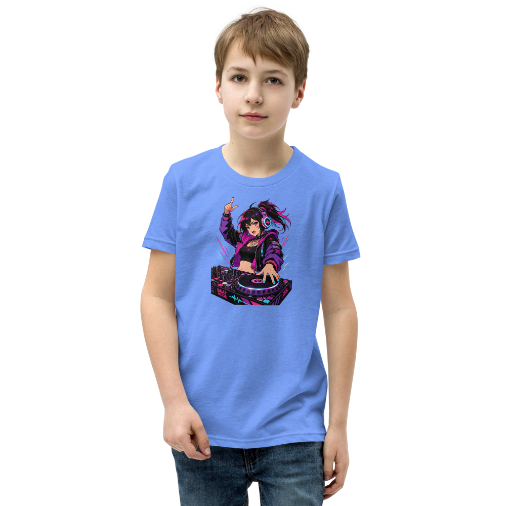 Anime Turntable Girl Synthwave Neon Drop Tee — heather columbia blue front view
