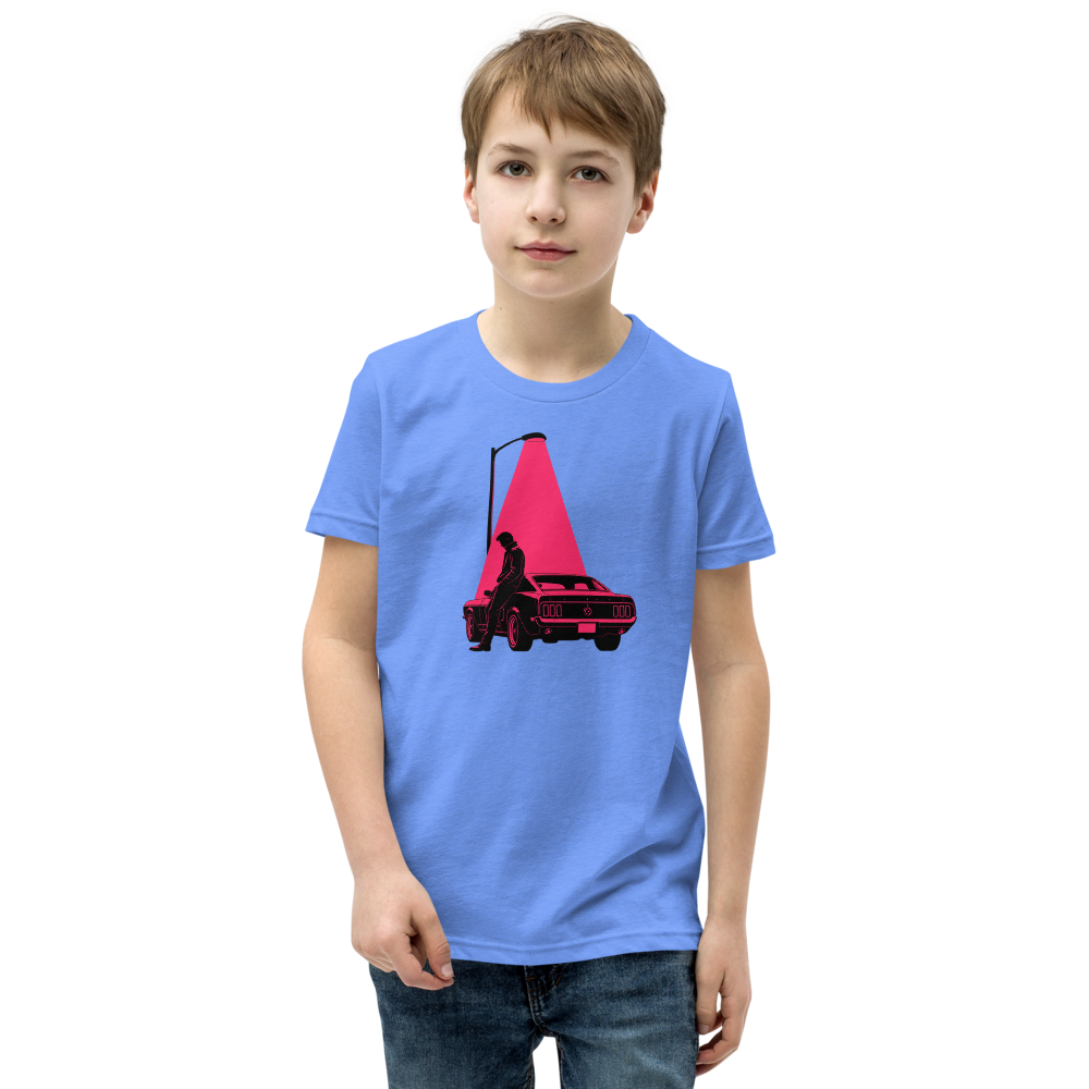 Neon Noir Midnight Driver Muscle Car Silhouette Tee — Kids Tee — heather columbia blue front view