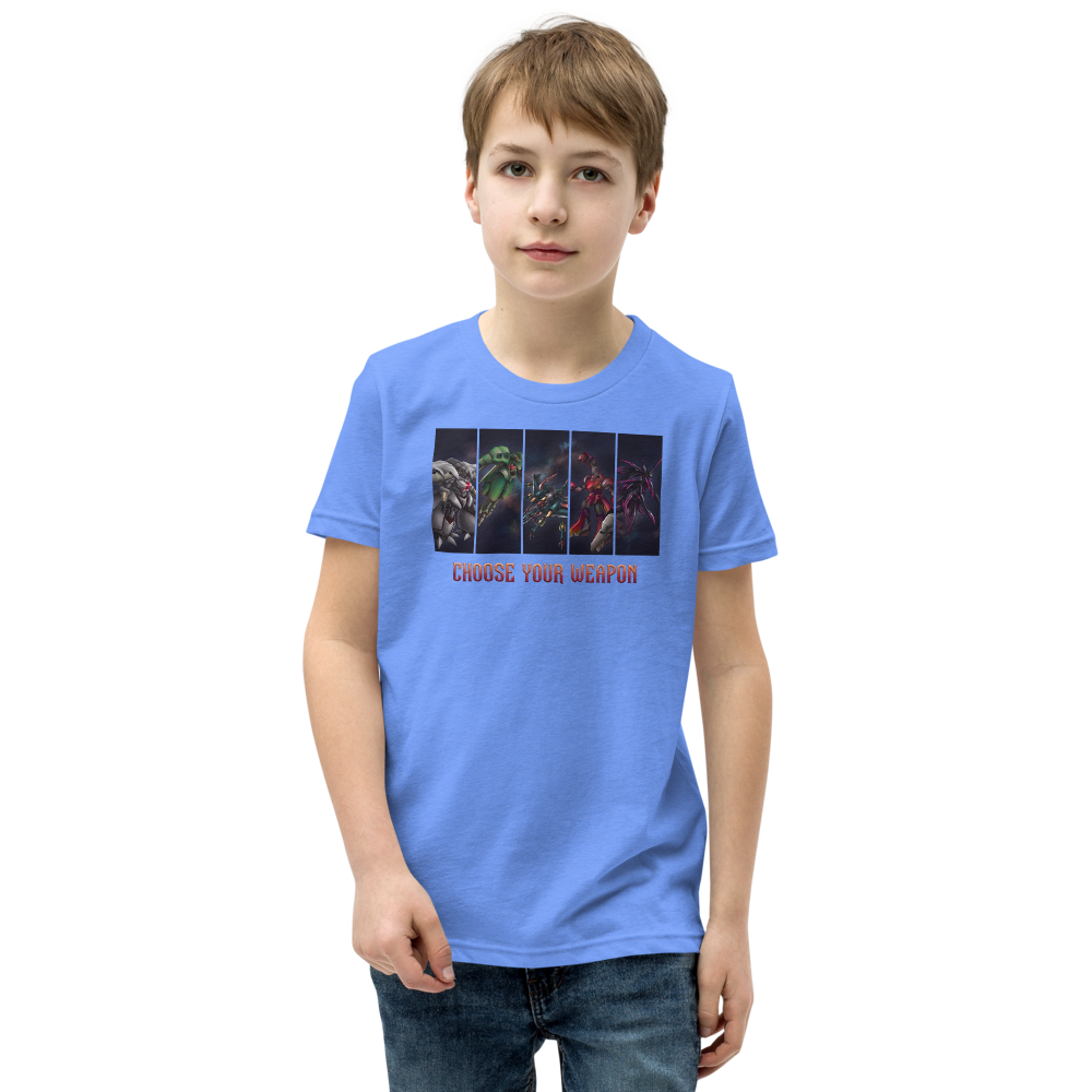 Choose Your Weapon Retro RPG Boss Roster Tee — heather columbia blue front view