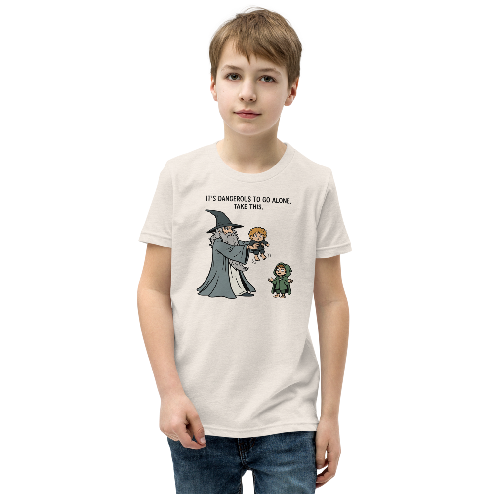 Wizard Hands Off Tiny Hobbit Fantasy Parody Tee — Kids Tee — heather dust front view