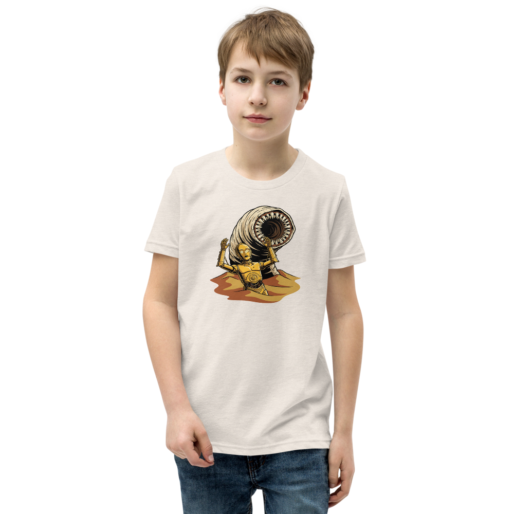 Golden Protocol Droid Desert Worm Peril Comic Tee â€” Heather Dust front view