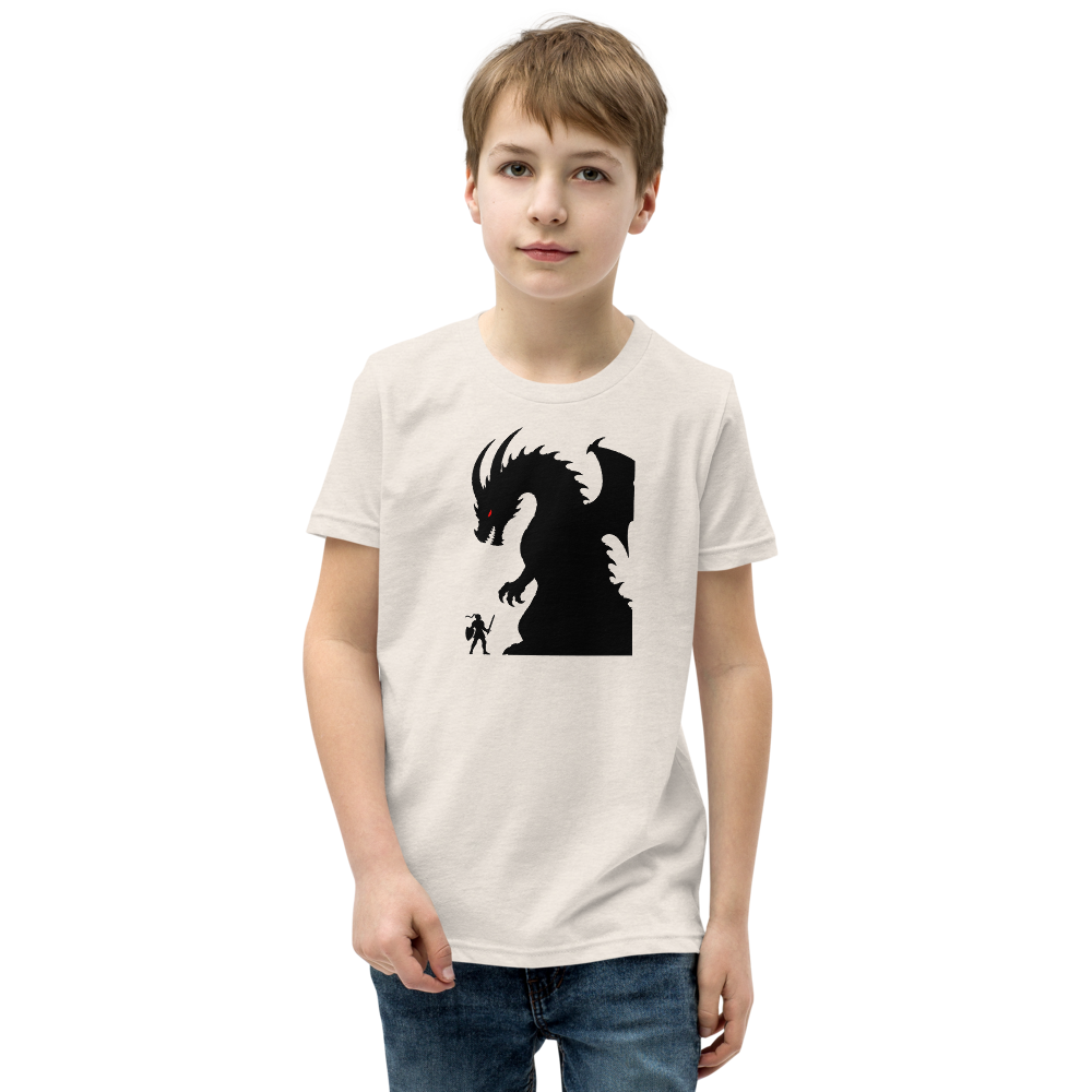 Tiny Hero Giant Boss Silhouette Minimalist Gamer T-Shirt — Kids Tee — heather dust front view