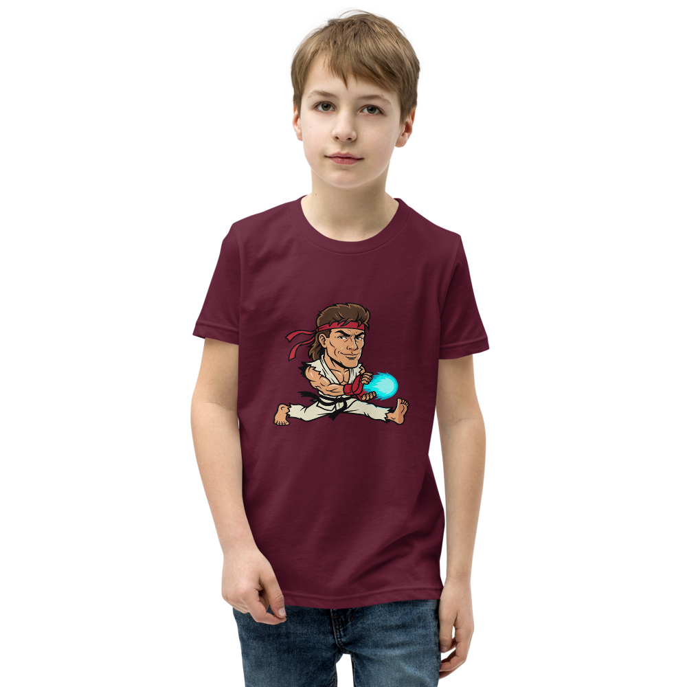 Splits Hadouken Karate Mullet Fighting Game Parody Tee — Kids Tee — maroon front view