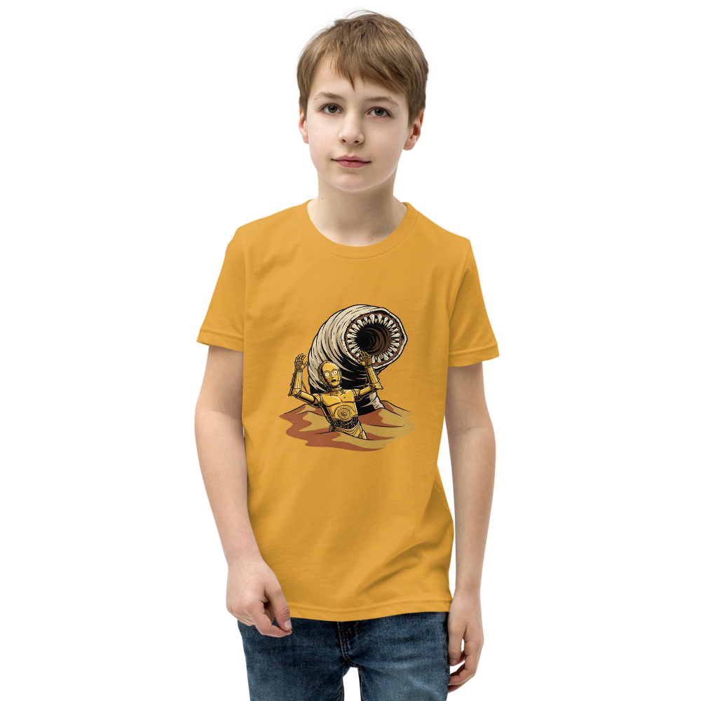 Golden Protocol Droid Desert Worm Peril Comic Tee — Kids Tee — mustard front view
