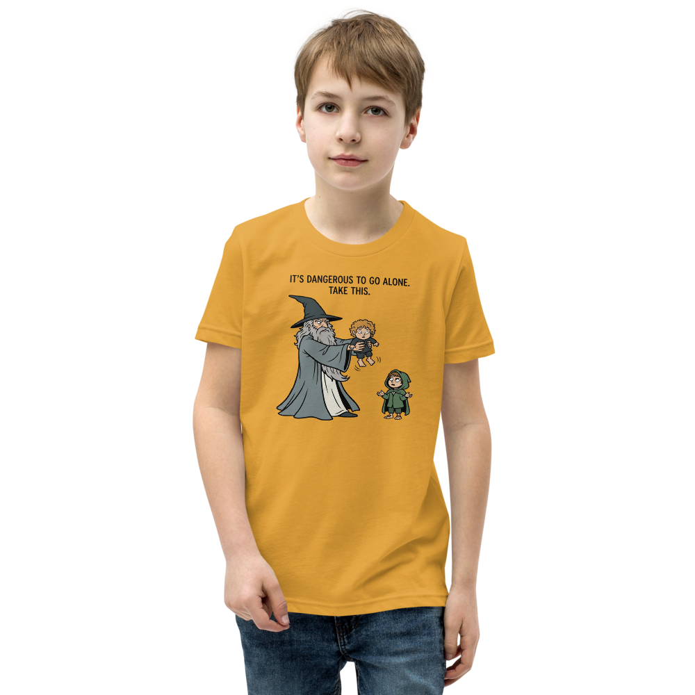 Wizard Hands Off Tiny Hobbit Fantasy Parody Tee — Kids Tee — mustard front view
