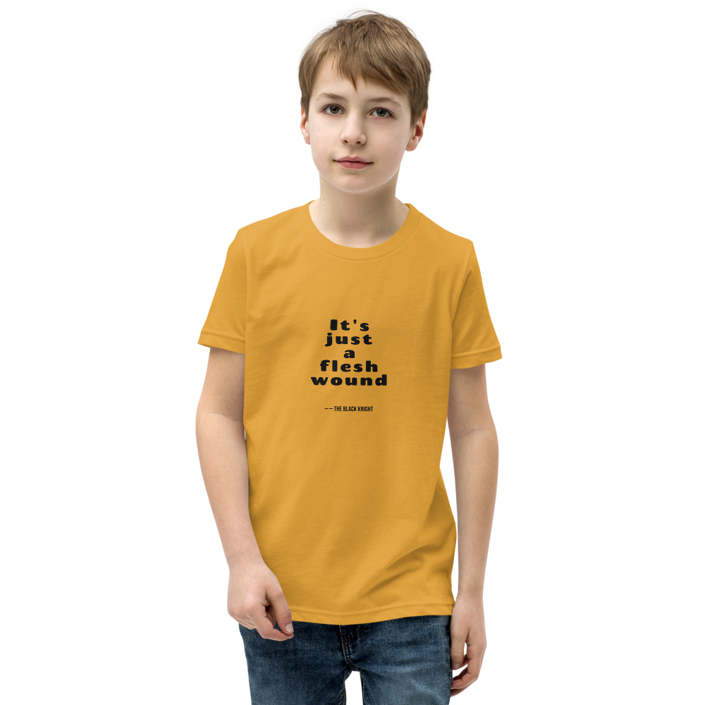 Flesh Wound Cult Comedy Quote Tee — Kids Tee — mustard front view