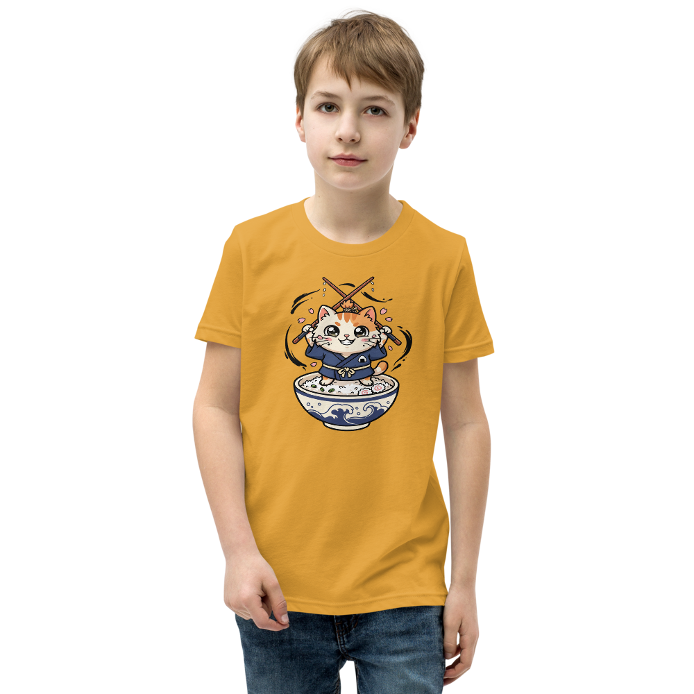 Chibi Ronin Chef Cat Chopstick Katana Anime Tee — mustard front view