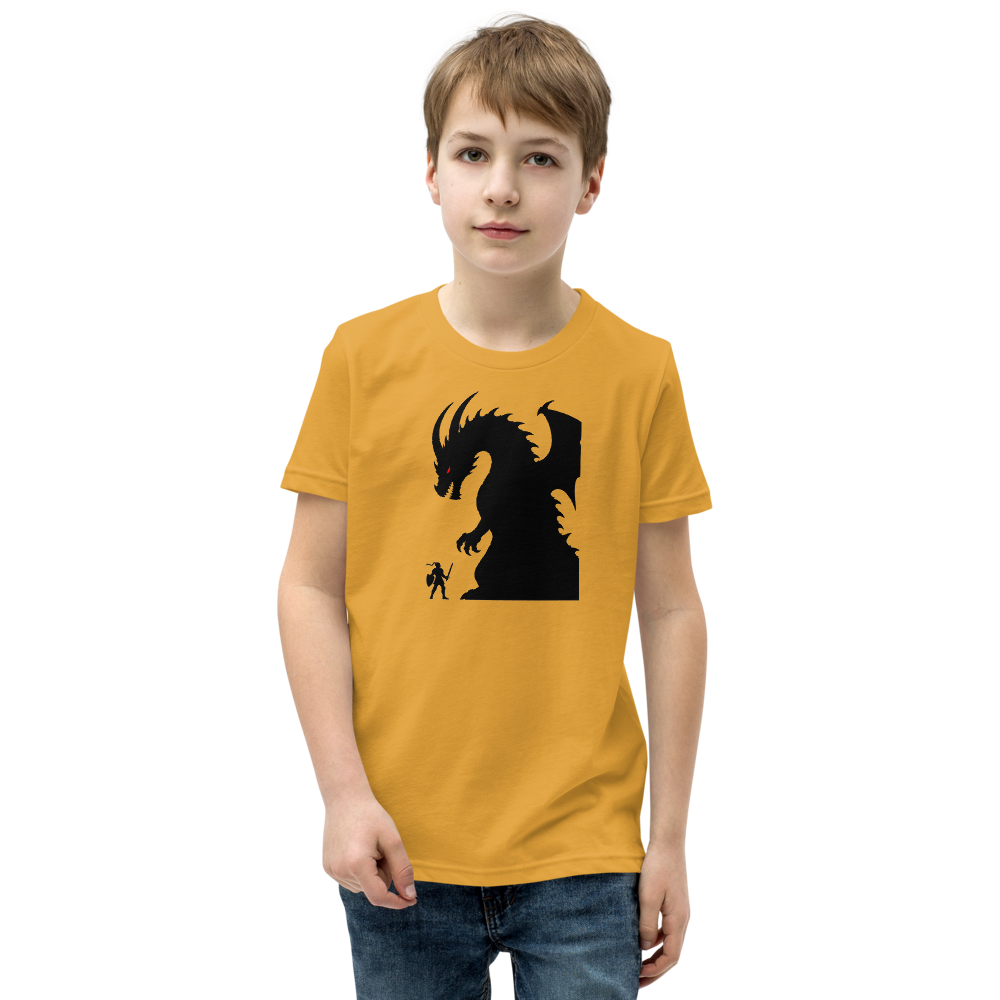Tiny Hero Giant Boss Silhouette Minimalist Gamer T-Shirt — Kids Tee — mustard front view