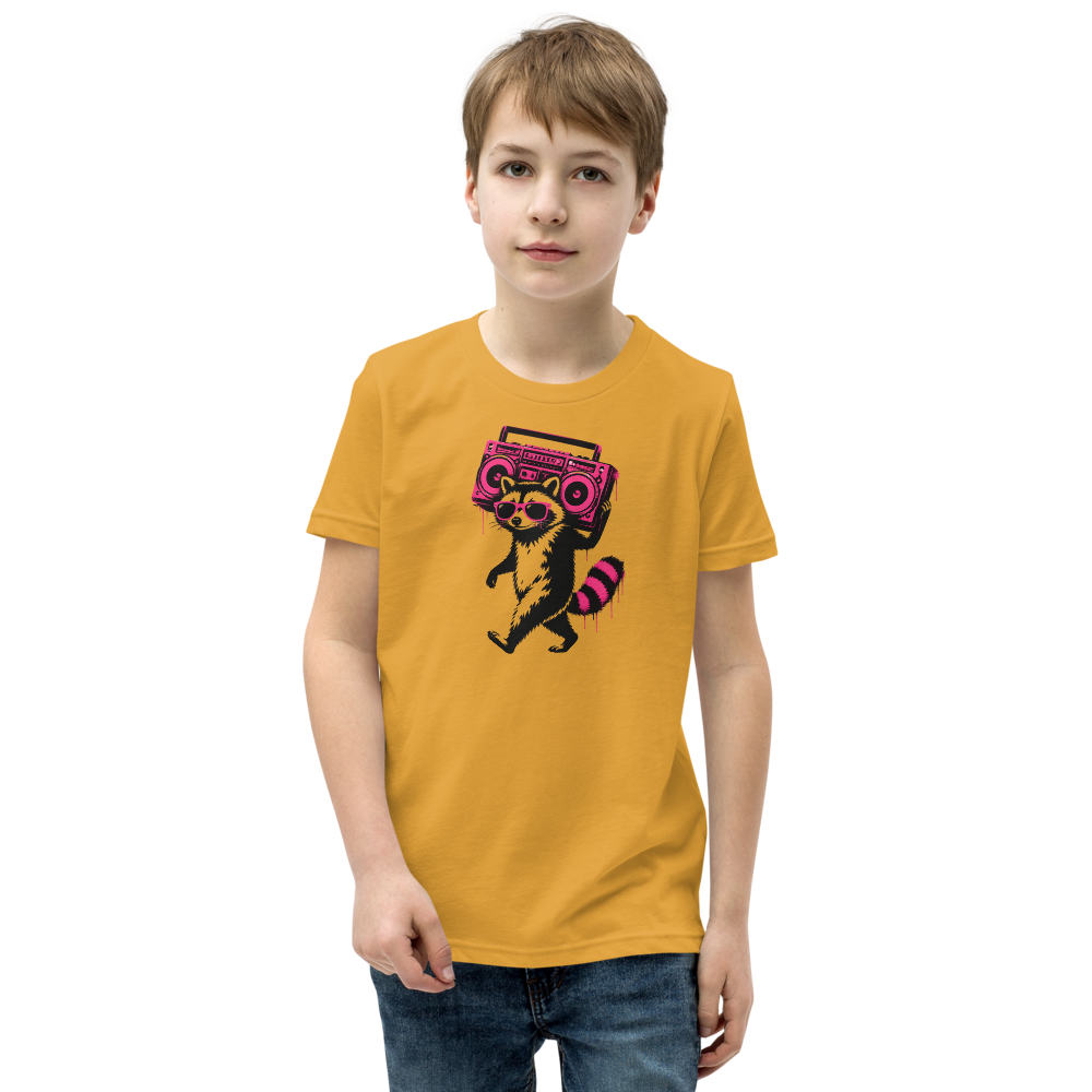 Stencil Raccoon With Boombox Street Art Tee — mustard front view