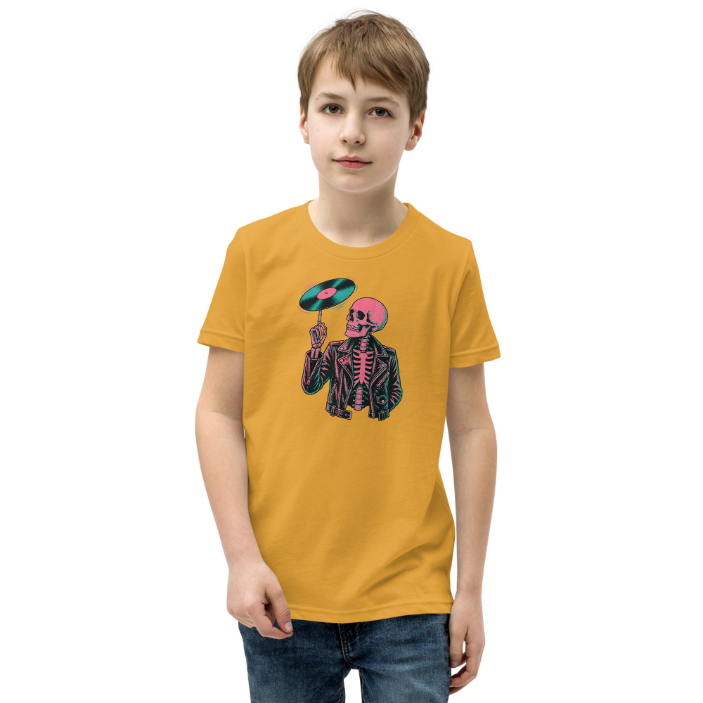 Riso Skeleton Vinyl Spin Gig Poster Punk Rock Tee — mustard front view