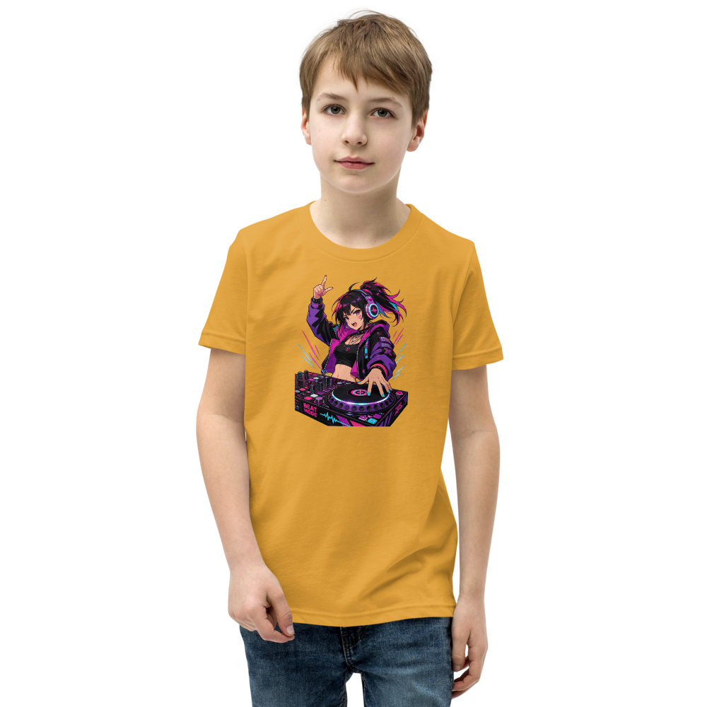 Anime Turntable Girl Synthwave Neon Drop Tee — mustard front view