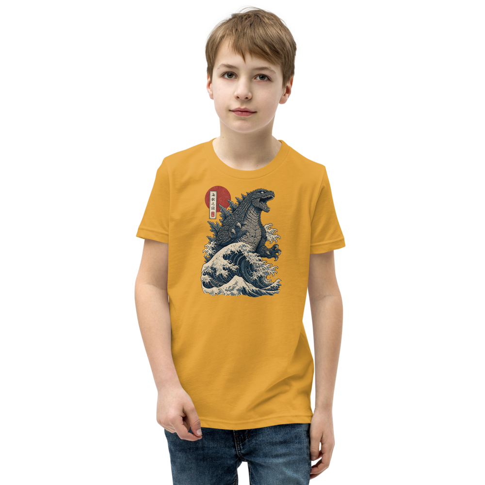 Sea Monster Great Wave Woodblock Print Tee — mustard front view