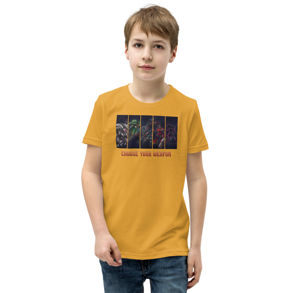 Choose Your Weapon Retro RPG Boss Roster Tee — mustard front view