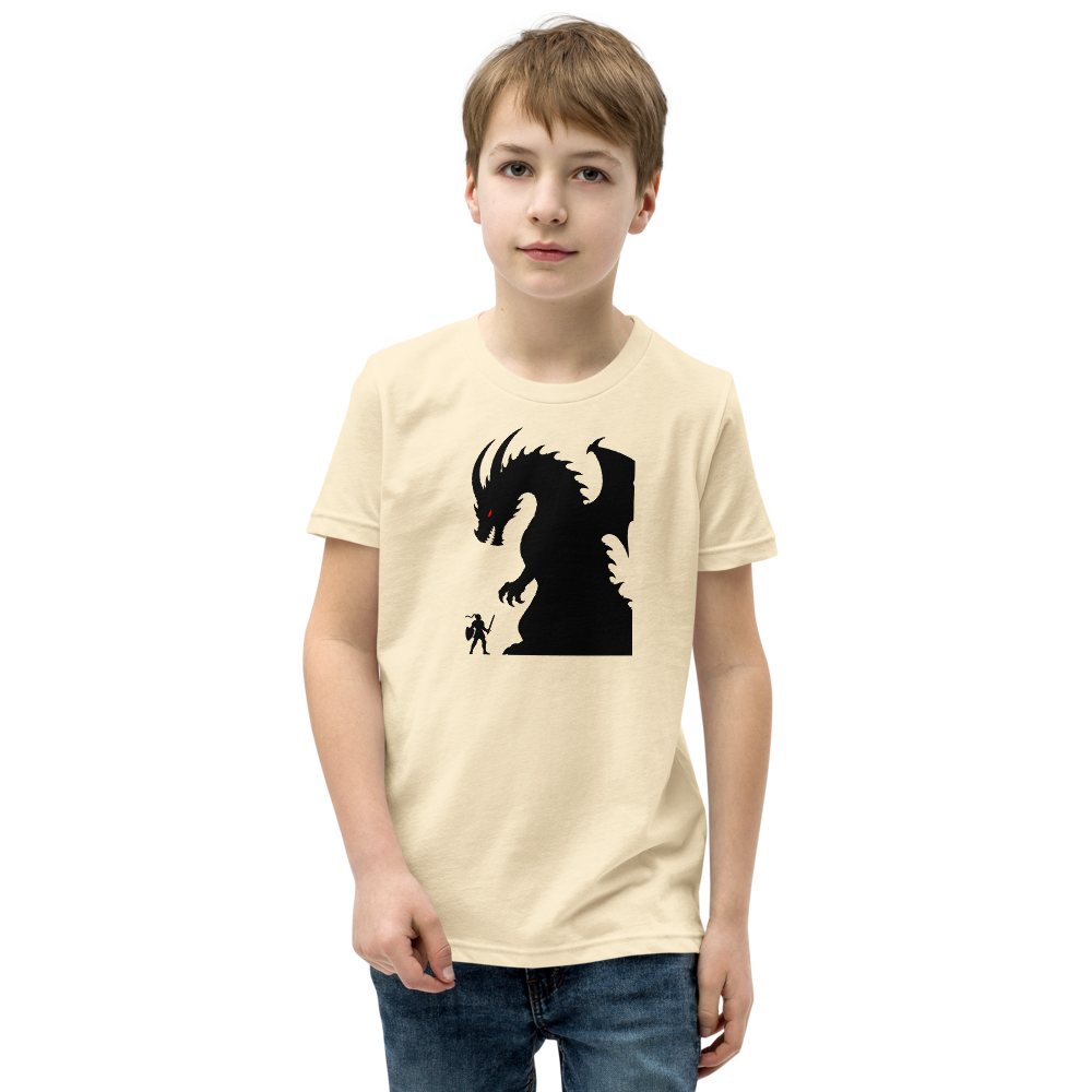 Tiny Hero Giant Boss Silhouette Minimalist Gamer T-Shirt — Kids Tee — natural front view