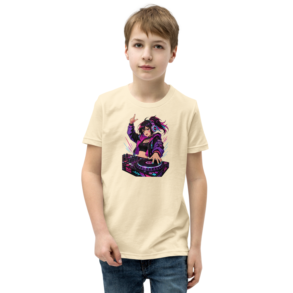 Anime Turntable Girl Synthwave Neon Drop Tee — natural front view