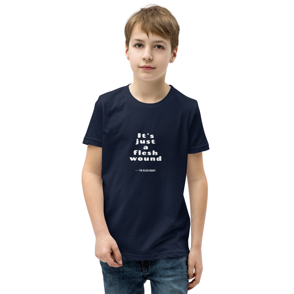 Flesh Wound Cult Comedy Quote Tee — Kids Tee — navy front view