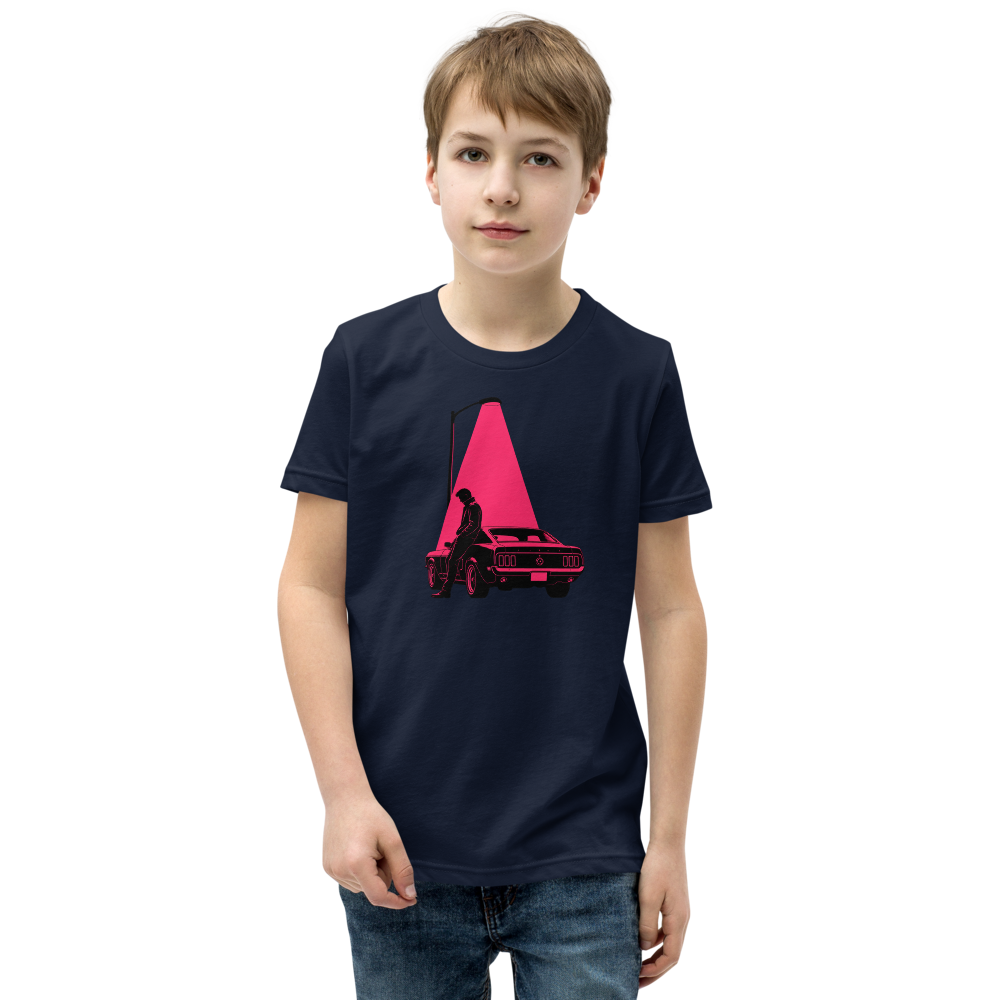 Neon Noir Midnight Driver Muscle Car Silhouette Tee â€” Navy front view