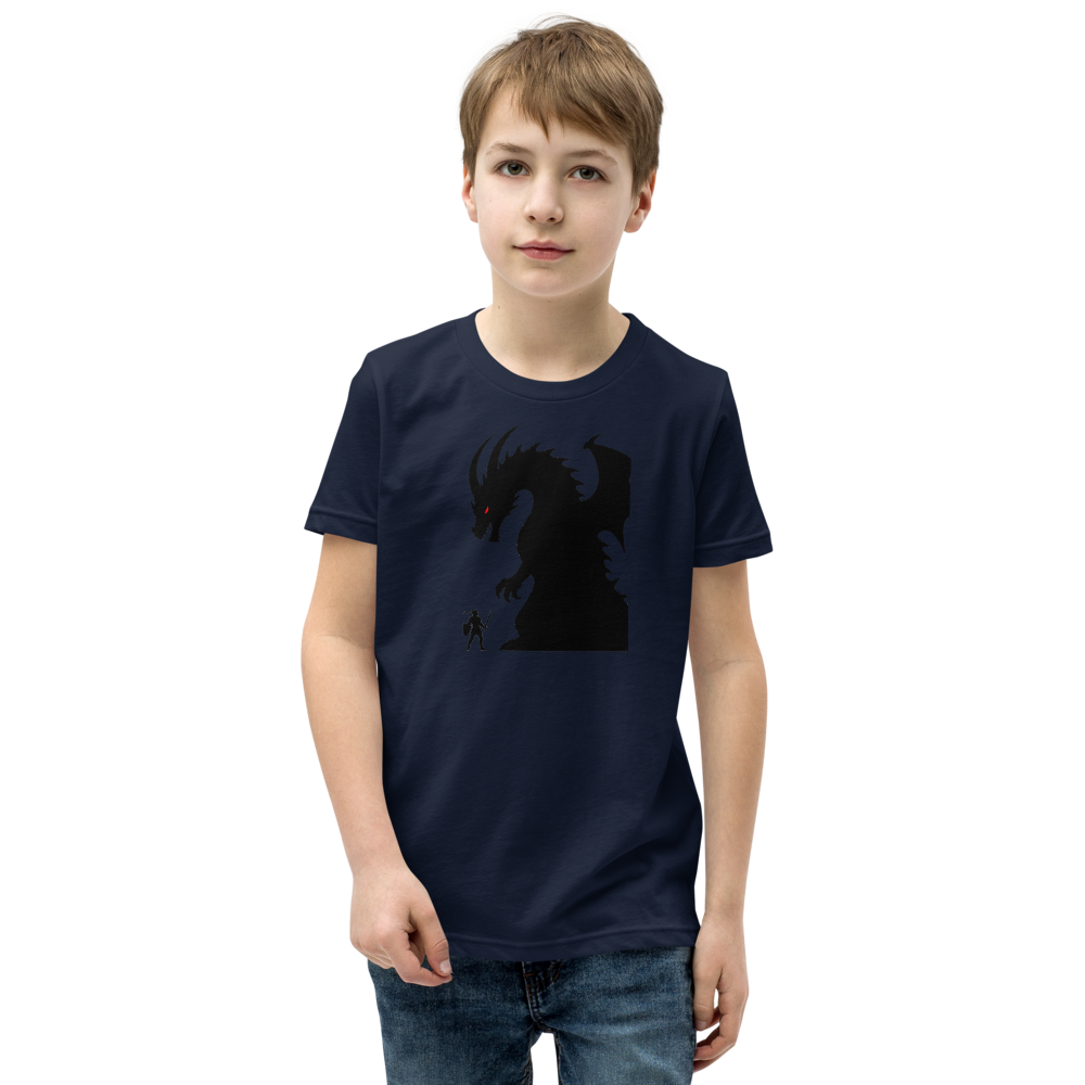 Tiny Hero Giant Boss Silhouette Minimalist Gamer T-Shirt — Kids Tee — navy front view