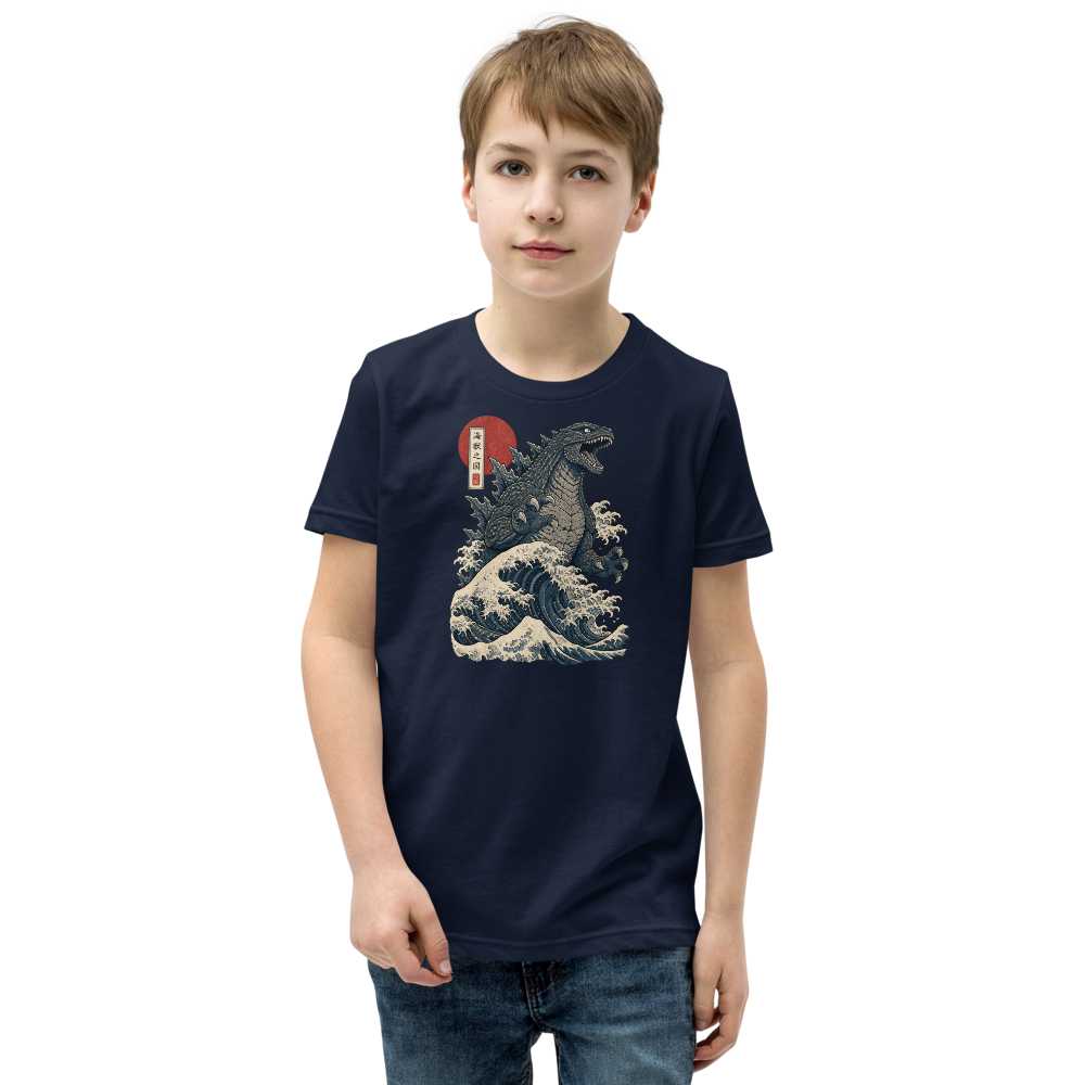 Sea Monster Great Wave Woodblock Print Tee — navy front view