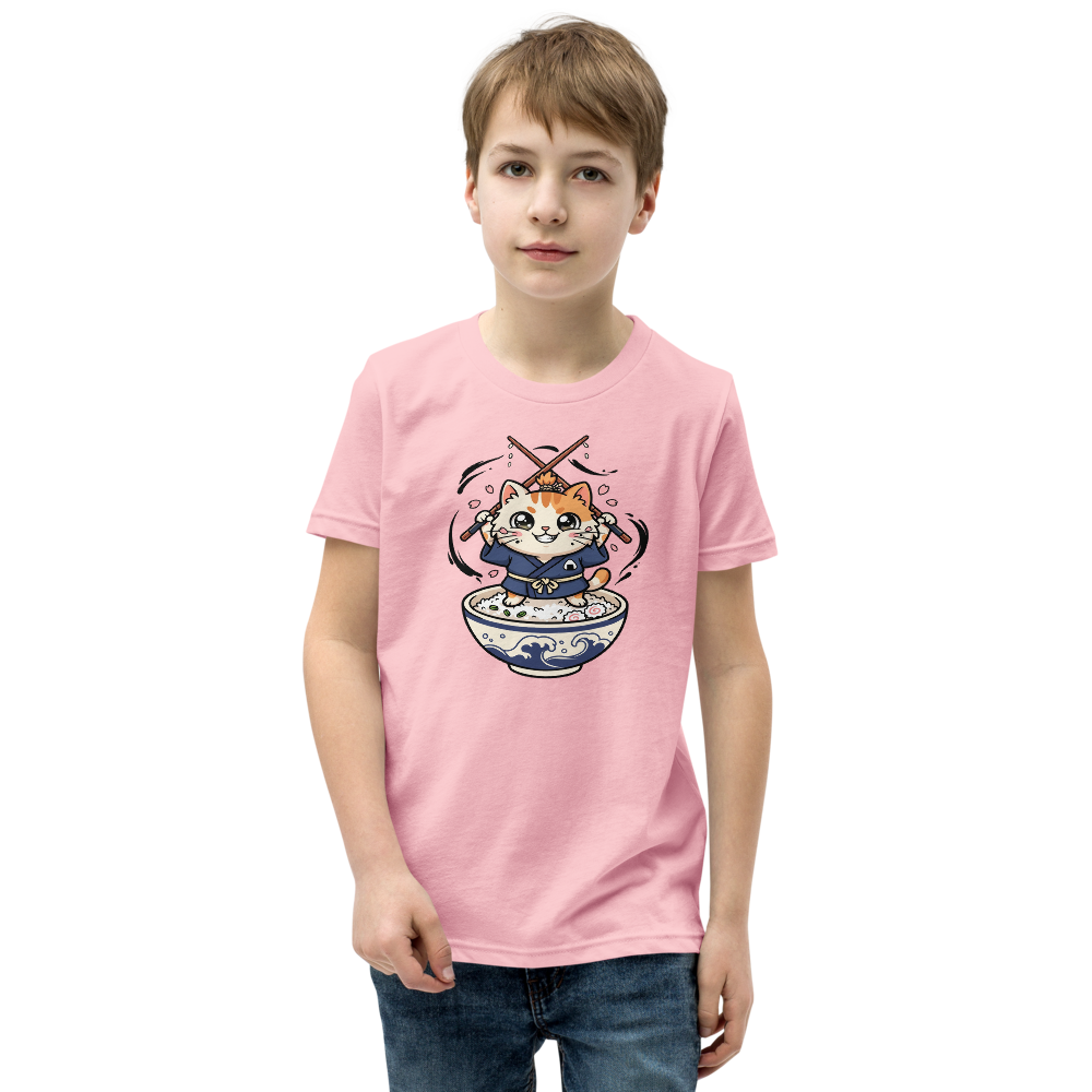 Chibi Ronin Chef Cat Chopstick Katana Anime Tee — pink front view