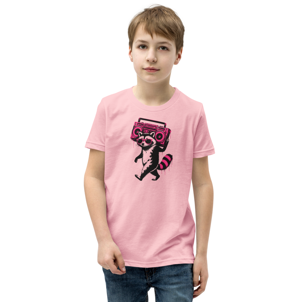 Stencil Raccoon With Boombox Street Art Tee — pink front view