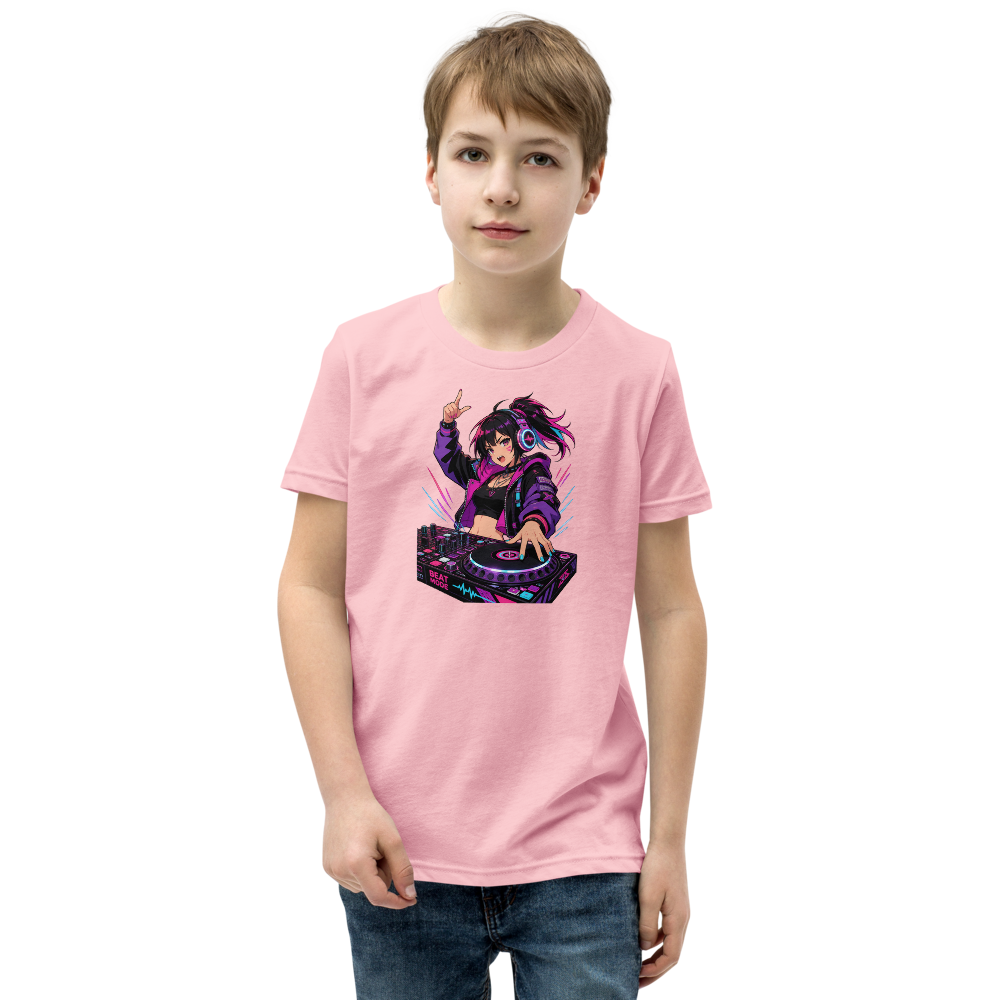 Anime Turntable Girl Synthwave Neon Drop Tee — pink front view