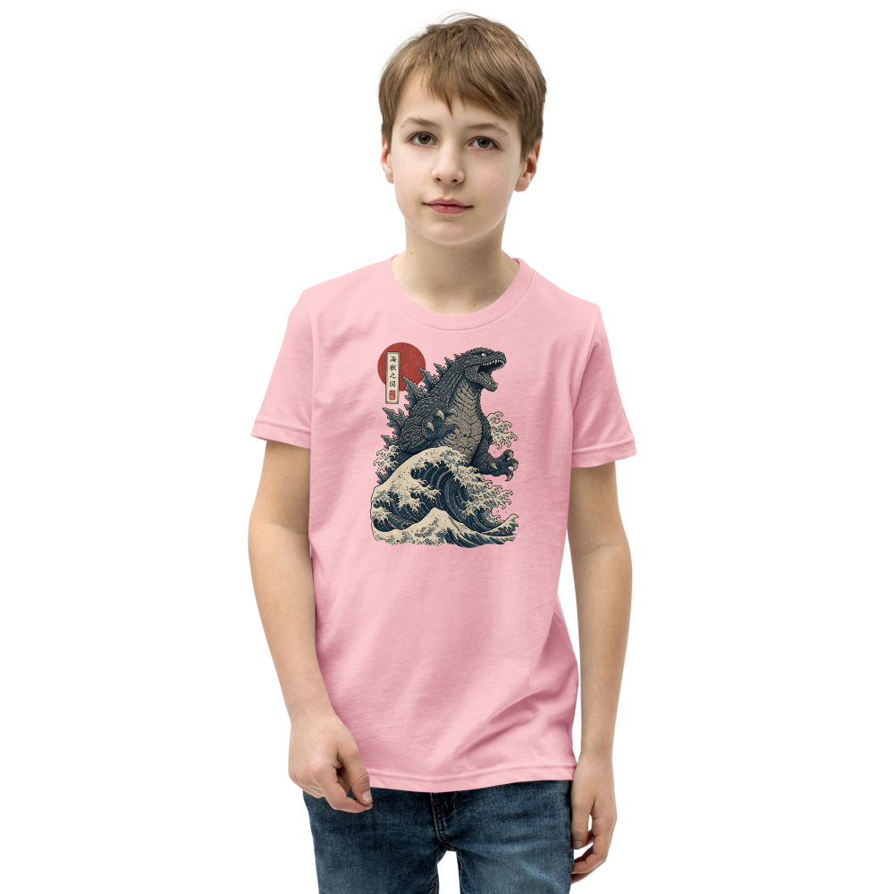 Sea Monster Great Wave Woodblock Print Tee — pink front view