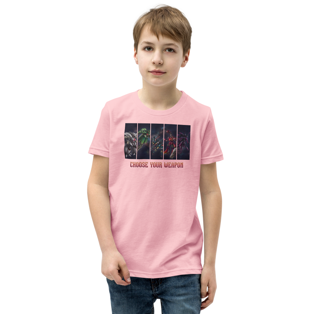 Choose Your Weapon Retro RPG Boss Roster Tee — pink front view