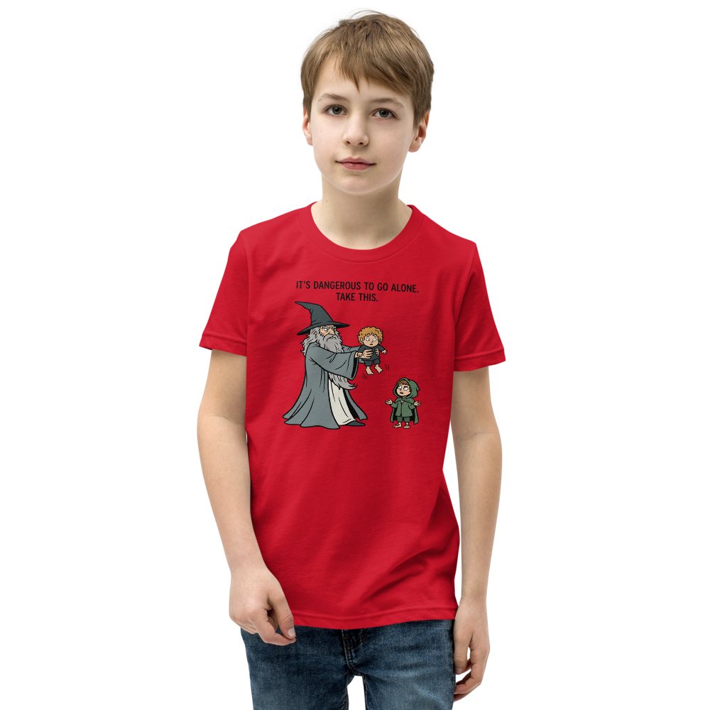 Wizard Hands Off Tiny Hobbit Fantasy Parody Tee — Kids Tee — red front view