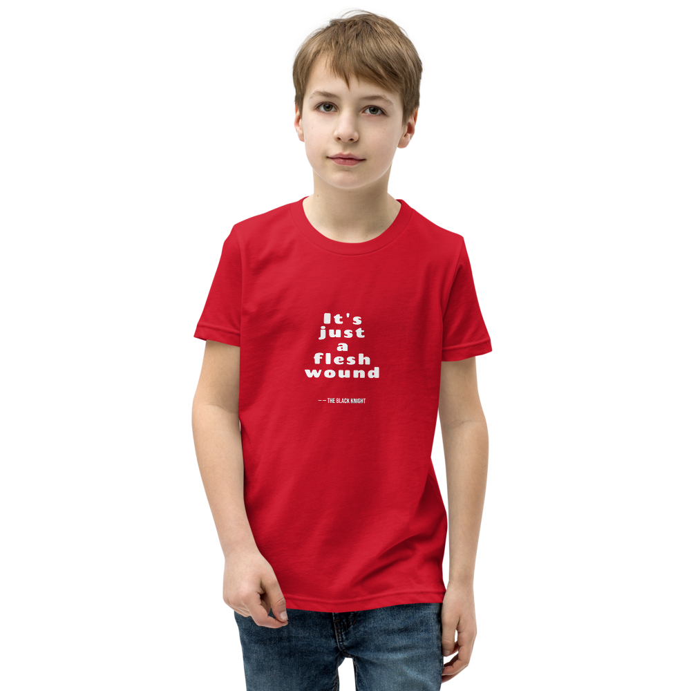 Flesh Wound Cult Comedy Quote Tee — Kids Tee — red front view