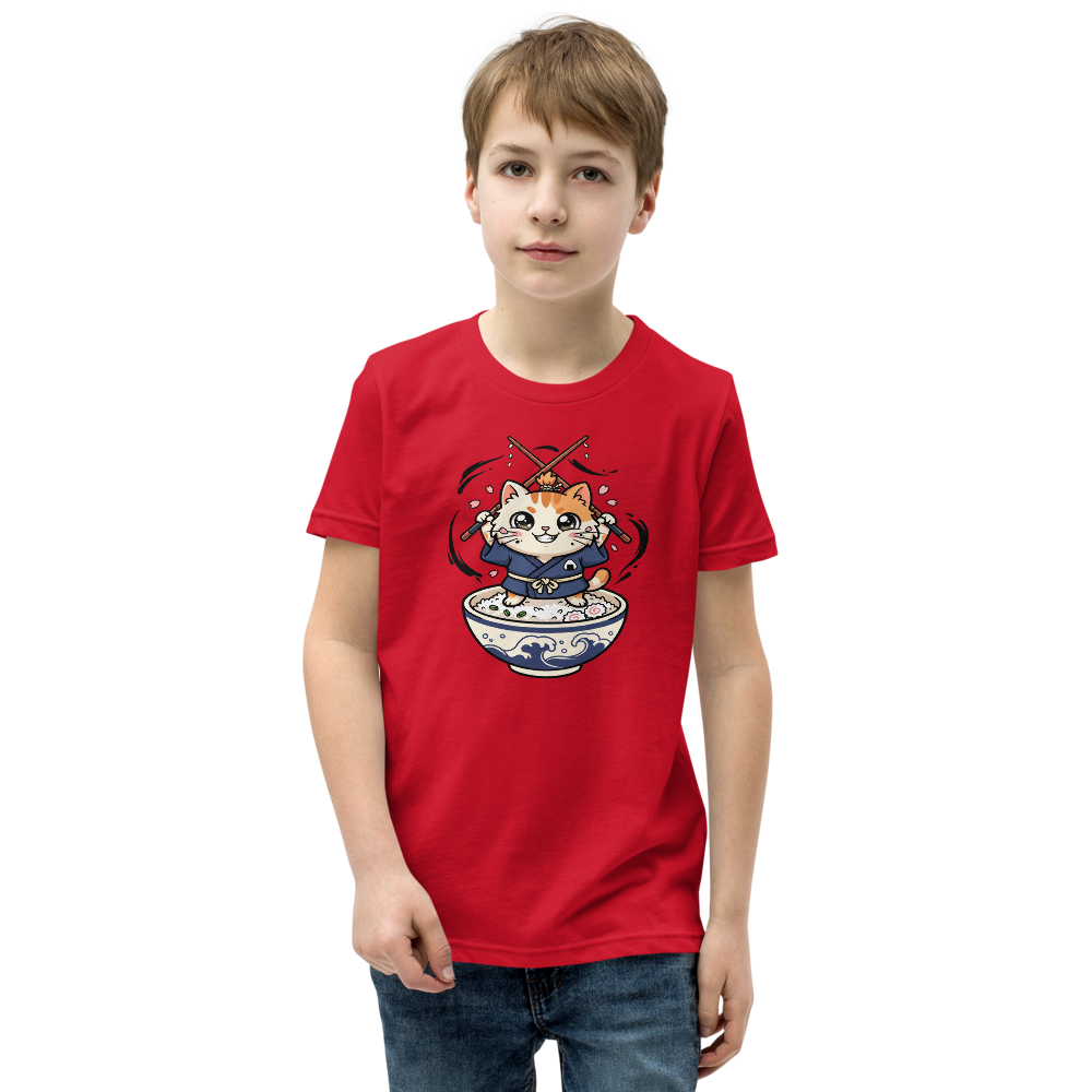 Chibi Ronin Chef Cat Chopstick Katana Anime Tee — red front view