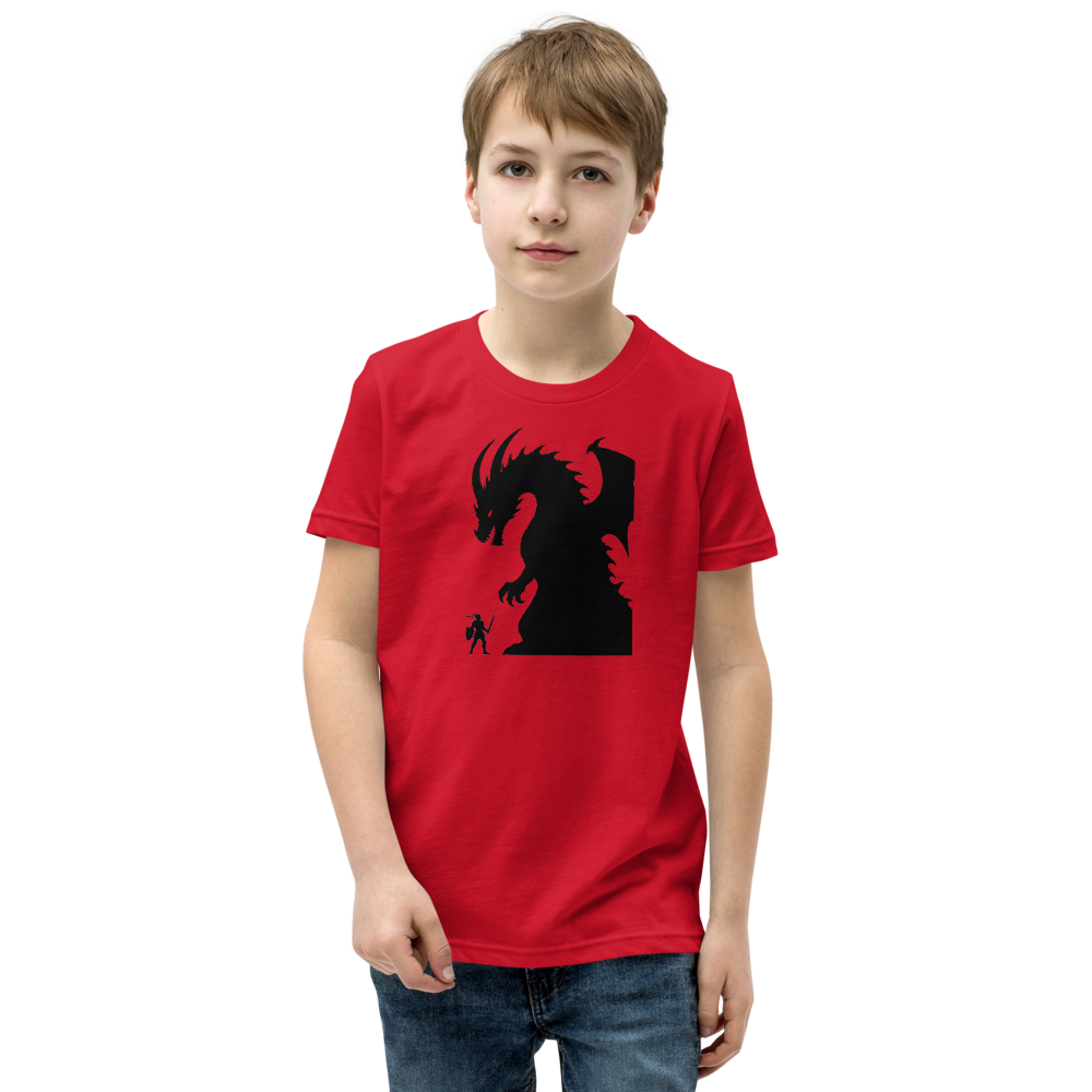 Tiny Hero Giant Boss Silhouette Minimalist Gamer T-Shirt — Kids Tee — red front view