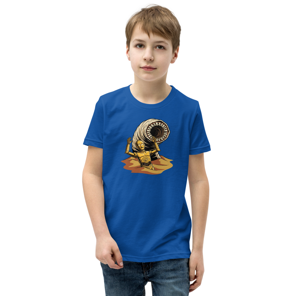 Golden Protocol Droid Desert Worm Peril Comic Tee â€” True Royal front view